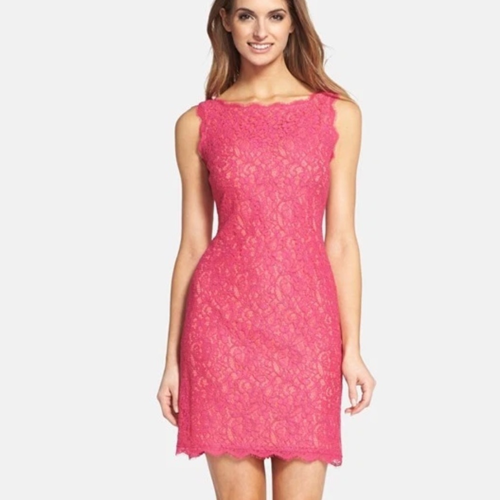 Adrianna Papell Boatneck Lace Sheath Dress Pink 8 NWOT